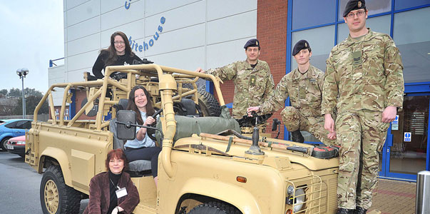 Sam Warner from Capgemini, Sarah Knowles from Shires Fire and Safety, Ella Sips from Telford and Wrekin CVS, Lt Col Matthew Botsford, Trooper Jim Morgan and Sergeant Chris Fisher launch the volunteer appeal at the CVS Telford Pulling Together breakfast networking event.