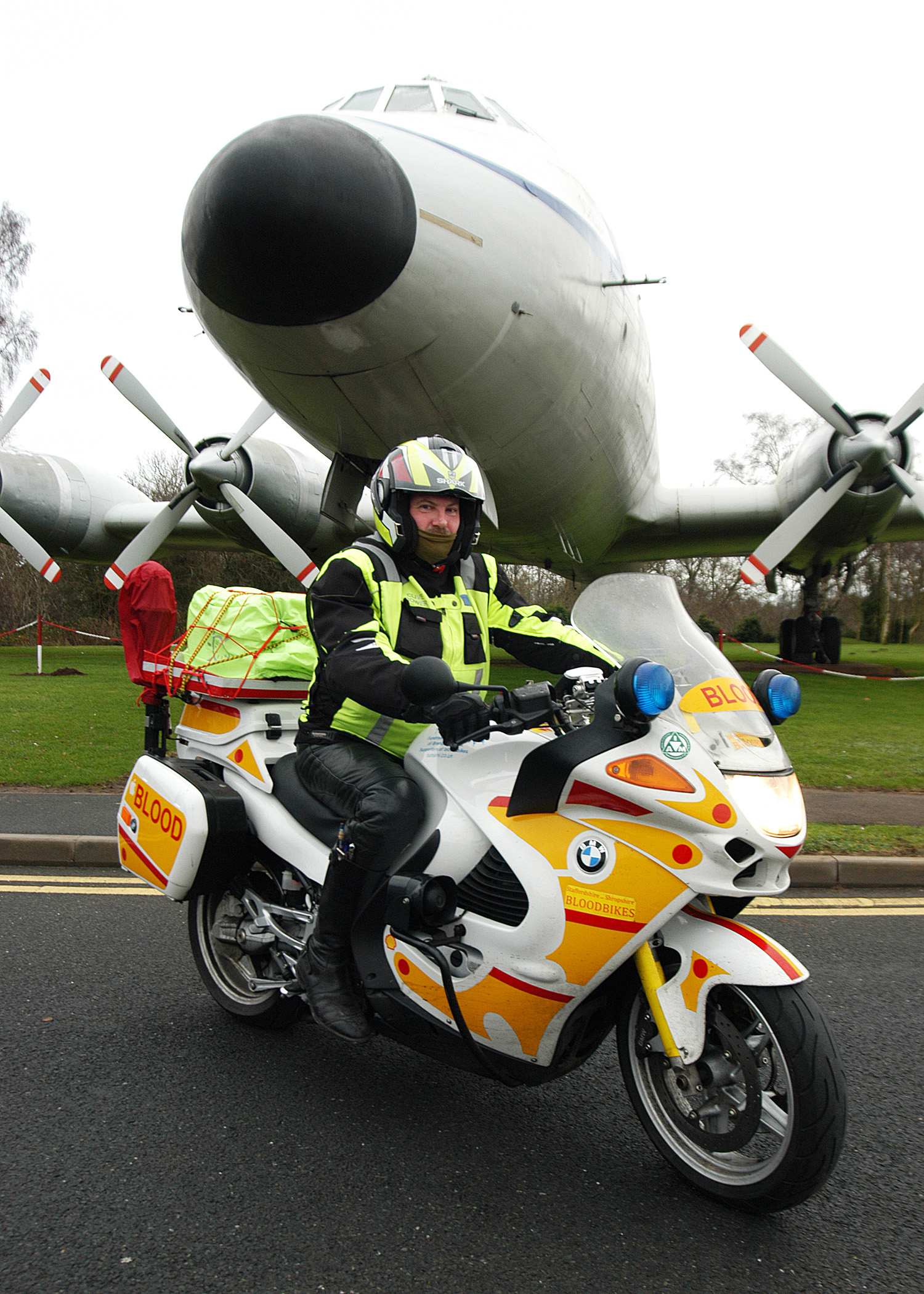Clive Bower on a specially equipped Blood Bike at RAF Museum Cosford, the venue for the official launch of Shropshire and Staffordshire Blood Bikes on 22 January.