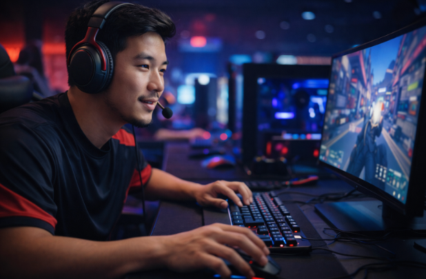 An eSports player focused on a video game